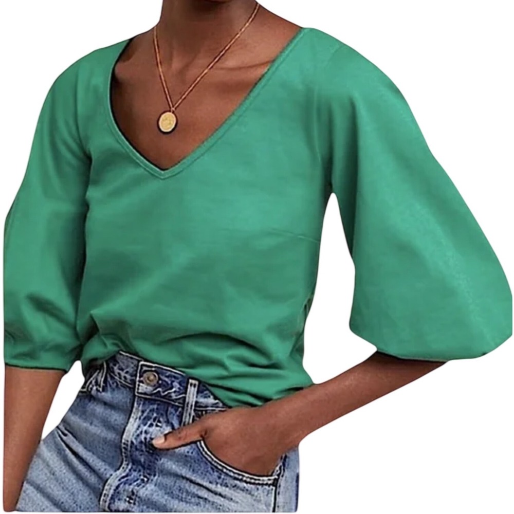 ANTHROPOLOGIE Velvet by Graham & Spencer Green Balloon Sleeve top Size S
